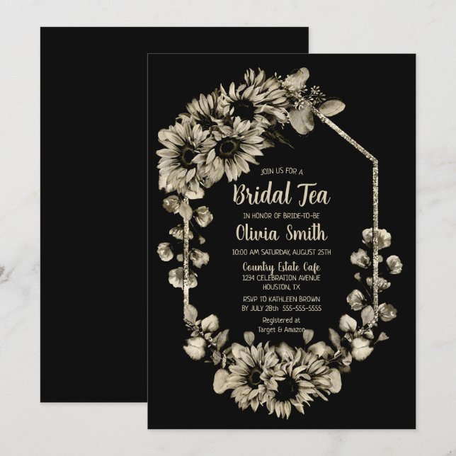 Sunflower Floral Black Bridal Tea Invitation (Front/Back)