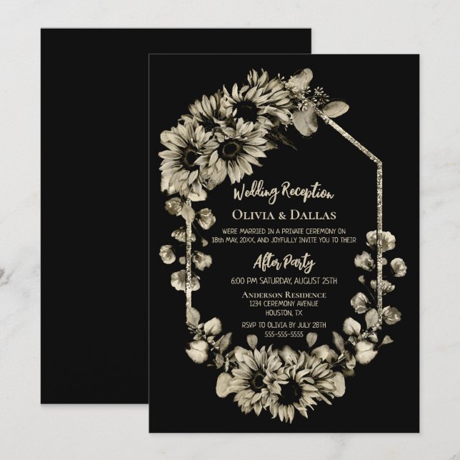 Sunflower Floral Black Wedding Reception Invitation (Front/Back)