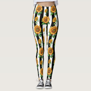 Sunflower Floral Black White Stripes  Leggings
