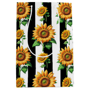Sunflower Floral Black White Stripes  Medium Gift Bag