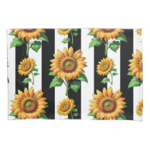 Sunflower Floral Black White Stripes 