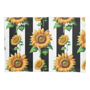 Sunflower Floral Black White Stripes  Pillowcase