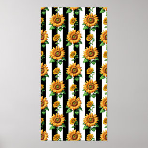 Sunflower Floral Black White Stripes Poster