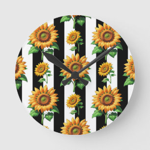 Sunflower Floral Black White Stripes  Round Clock