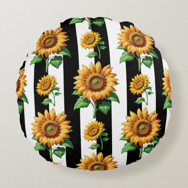 Sunflower Floral Black White Stripes  Round Cushion (Front)