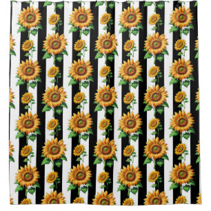 Sunflower Floral Black White Stripes Shower Curtain