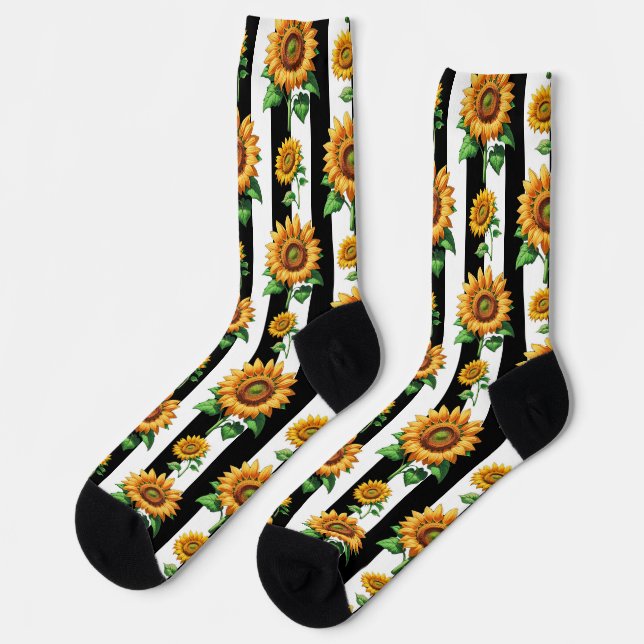Sunflower Floral Black White Stripes  Socks (Left)