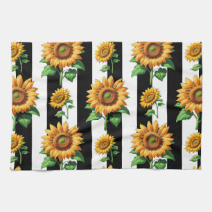 Sunflower Floral Black White Stripes  Tea Towel