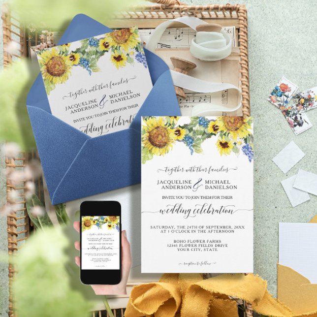 Sunflower Floral Blue BOHO Chic Eucalyptus Wedding Invitation (Creator Uploaded)