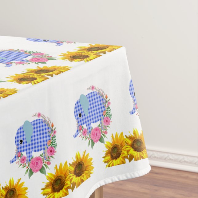 Sunflower Floral Blue Elephant Tablecloth (In Situ)