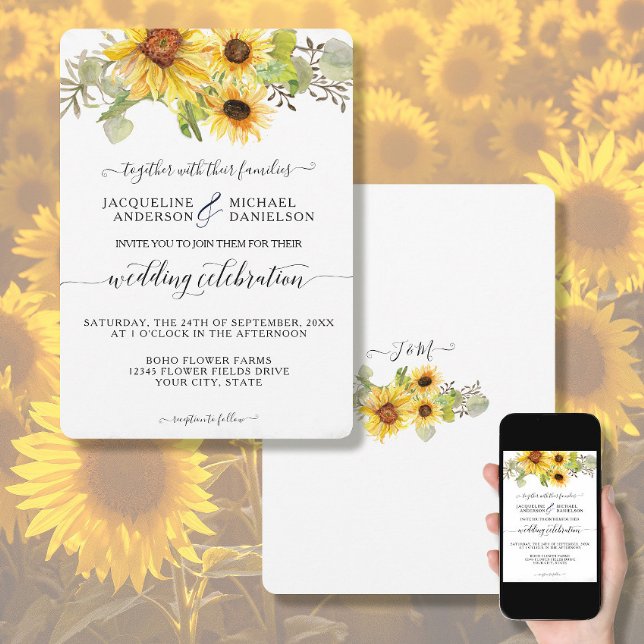 Sunflower Floral BOHO Chic Eucalyptus Leaf Wedding Invitation (Creator Uploaded)