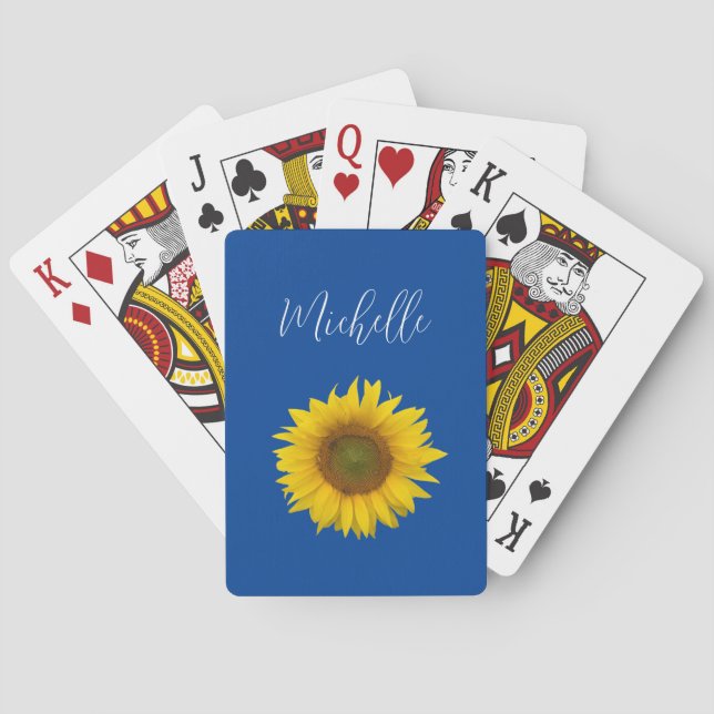 Sunflower Floral Botanical Blue Playing Cards (Back)