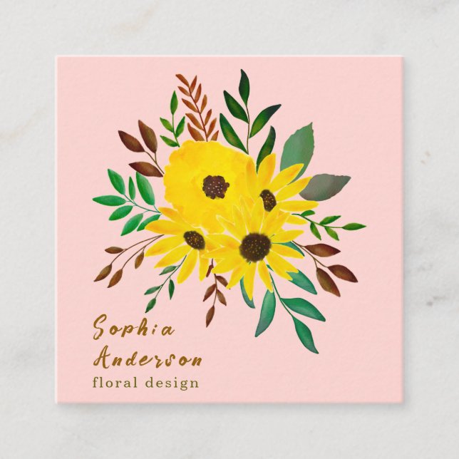 Sunflower Floral Bouquet - Dusky Pink Square Business Card (Front)