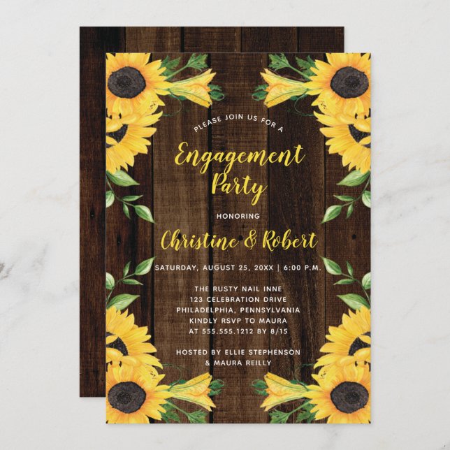 Sunflower Floral Bouquet | Wood Engagement Party I Invitation (Front/Back)