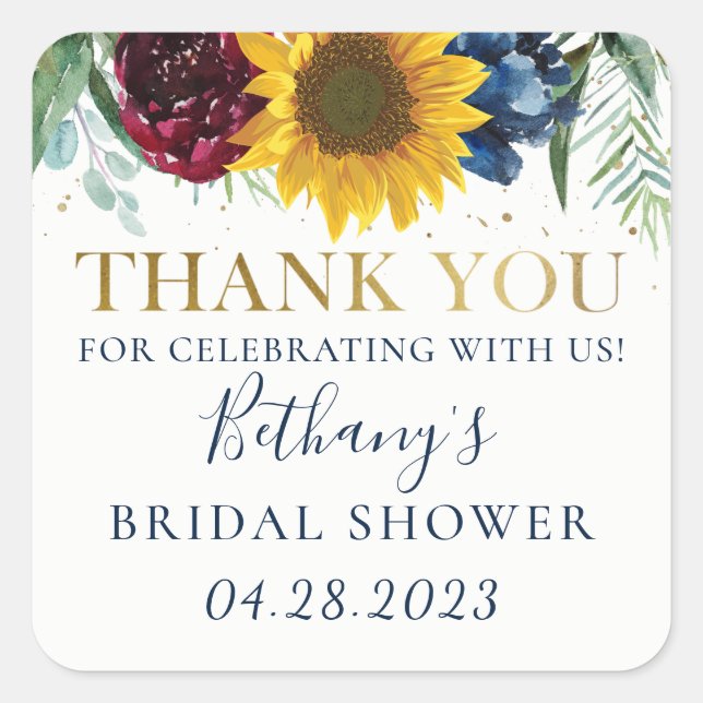 Sunflower Floral Bridal Shower Gold Thank You Squa Square Sticker (Front)