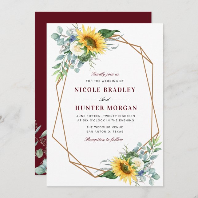 sunflower floral burgundy geometric wedding invitation (Front/Back)