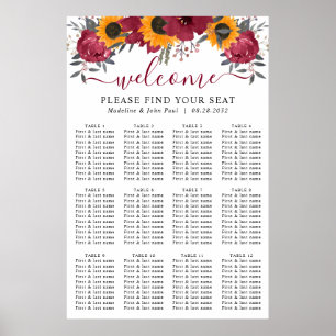 Sunflower Floral Burgundy Wedding Seating Charts
