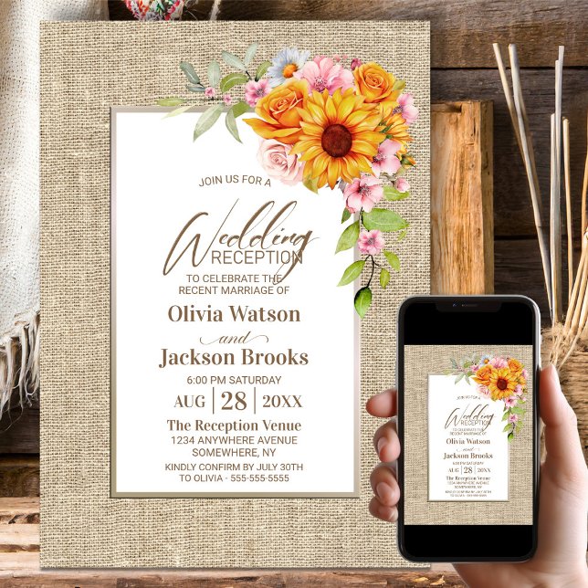 Sunflower Floral Burlap Border Wedding Reception Invitation (Creator Uploaded)