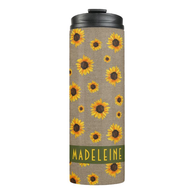 Sunflower Floral Burlap Rustic Olive Green Custom Thermal Tumbler (Front)