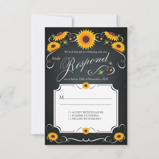Sunflower Floral Chalkboard Vintage Wedding RSVP (Front)