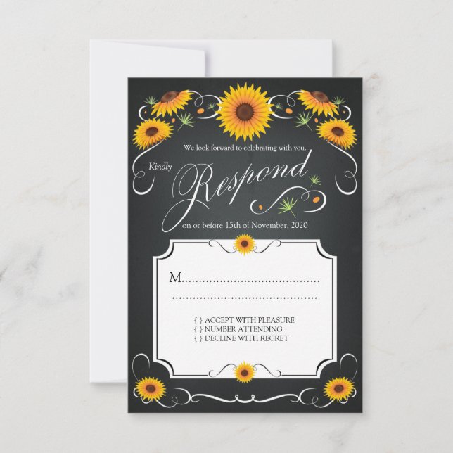 Sunflower Floral Chalkboard Vintage Wedding RSVP Card (Front)