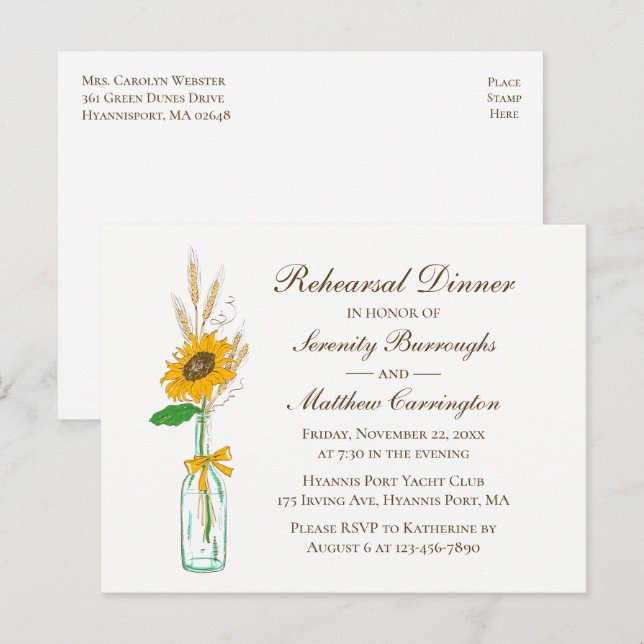Sunflower Floral Country Wedding Rehearsal Dinner  Invitation Postcard (Front/Back)