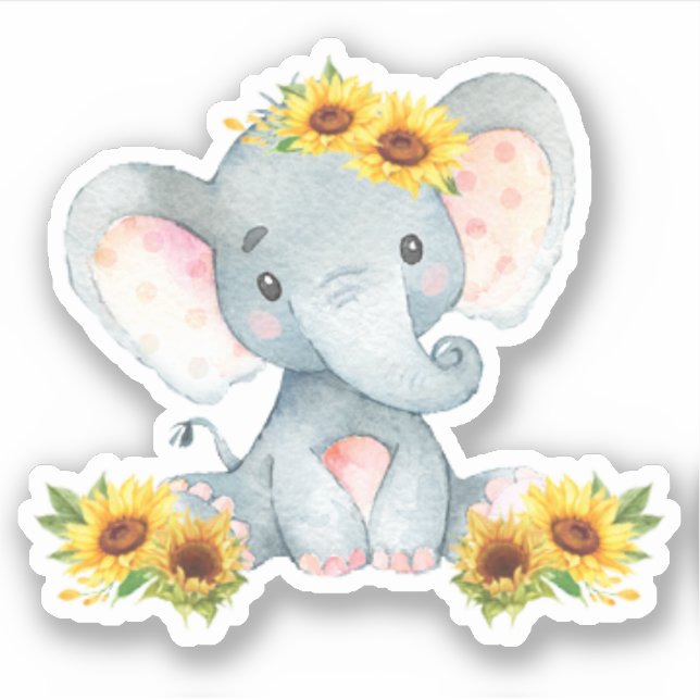 Sunflower Floral Cute Baby Elephant Cut Out Vinyl (Front)