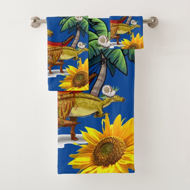 Sunflower Floral Dinosaur Green Bath Towel Sets (Insitu)