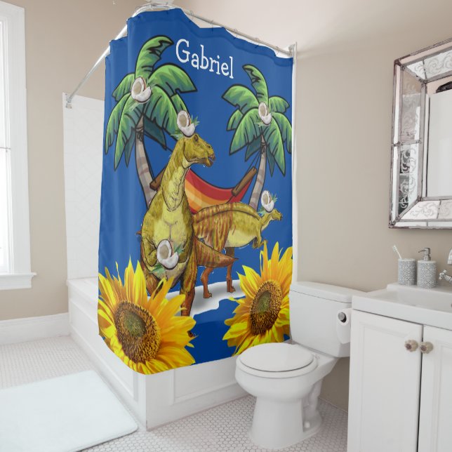 Sunflower Floral Dinosaur Shower Curtain (In Situ)