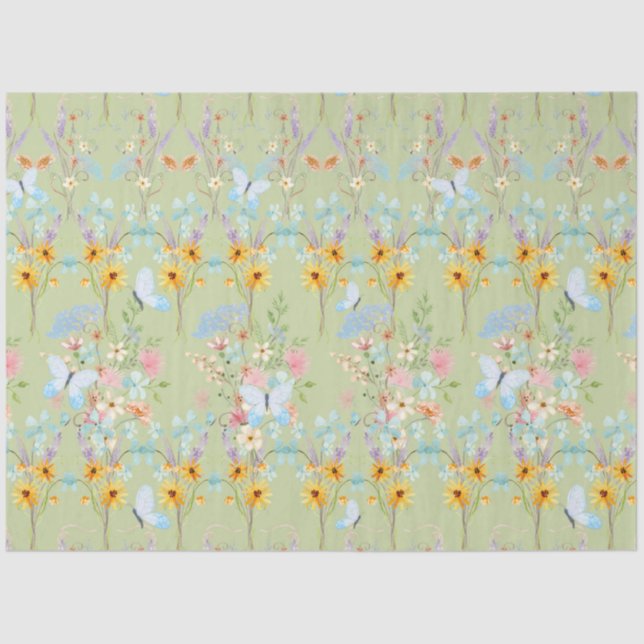 Sunflower Floral Easter Butterfly Green Decoupage Tissue Paper (Front)