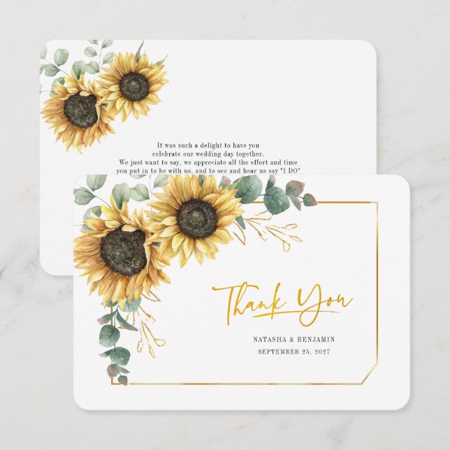 Sunflower Floral Eucalyptpus Greenery Wedding Thank You Card (Front/Back)