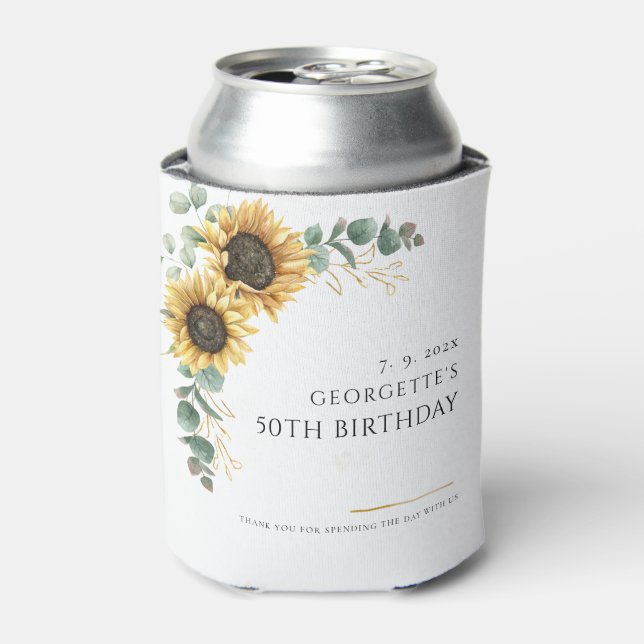 Sunflower Floral Eucalyptus 50th Birthday Party Can Cooler (Can Front)