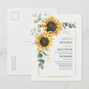 Sunflower Floral  Eucalyptus Geometric Gold Frame Invitation Postcard