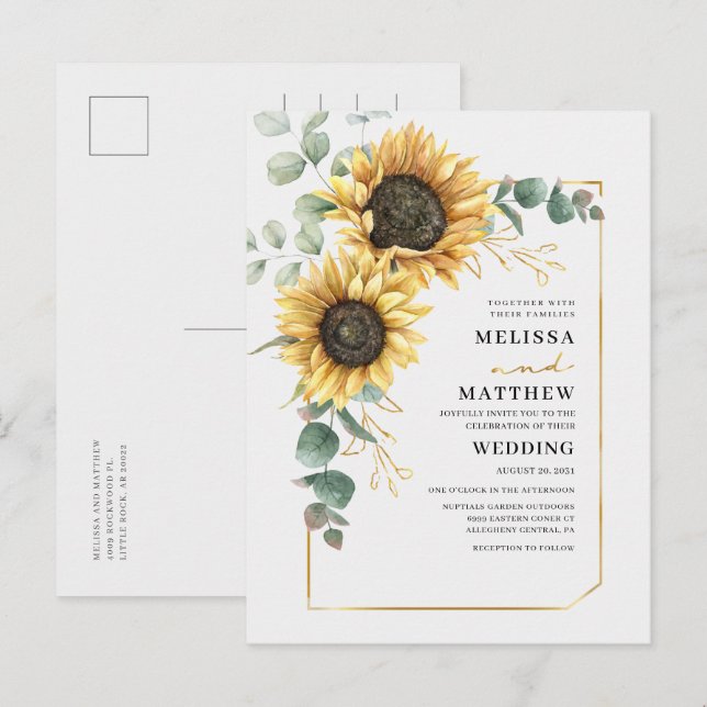 Sunflower Floral  Eucalyptus Geometric Gold Frame Invitation Postcard (Front/Back)