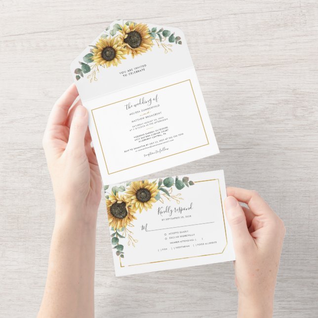 Sunflower Floral Eucalyptus Geometric Wedding All In One Invitation (Tearaway)