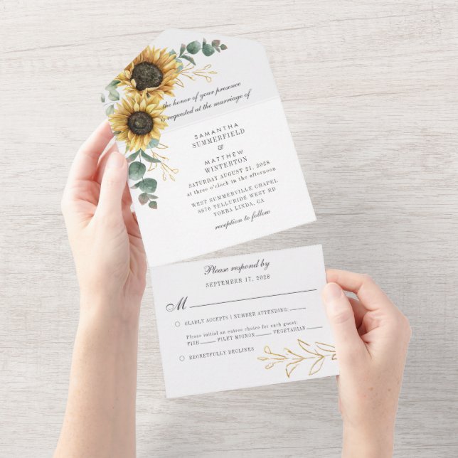 Sunflower Floral Eucalyptus Greenery Wedding All In One Invitation (Tearaway)
