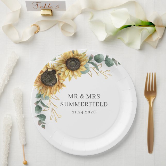 Sunflower Floral Eucalyptus Greenery Wedding Paper Plate (Wedding)