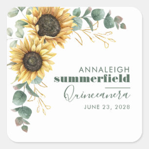Sunflower Floral Eucalyptus Quinceanera 15th Party Square Sticker