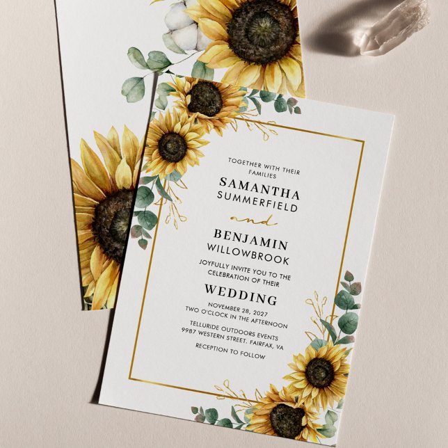 Sunflower Floral Eucalyptus Watercolor Wedding Invitation (Sunflower Eucalyptus Greenery Wedding Invitation)