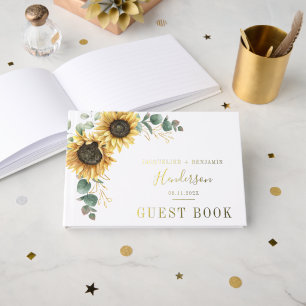 Sunflower Floral Eucalyptus Wedding Gold Foil Guest Book