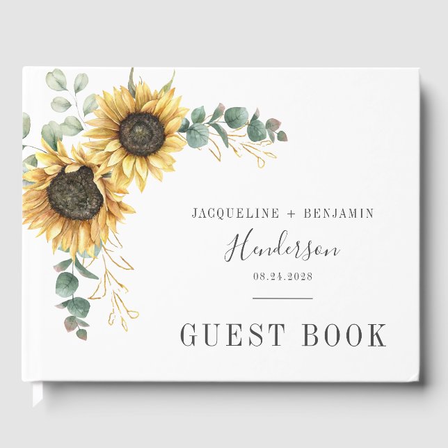 Sunflower Floral Eucalyptus Wedding Guest Book (Front)