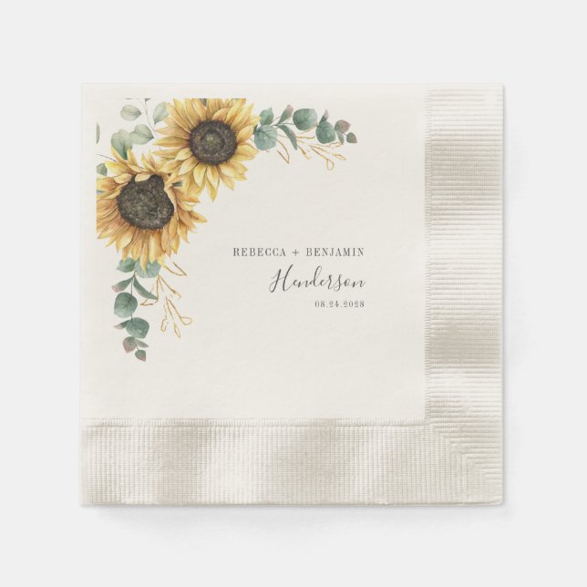 Sunflower Floral Eucalyptus Wedding Paper Napkin (Front)