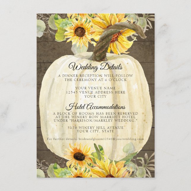 Sunflower Floral Fall Pumpkin Wedding Details Enclosure Card (Front)