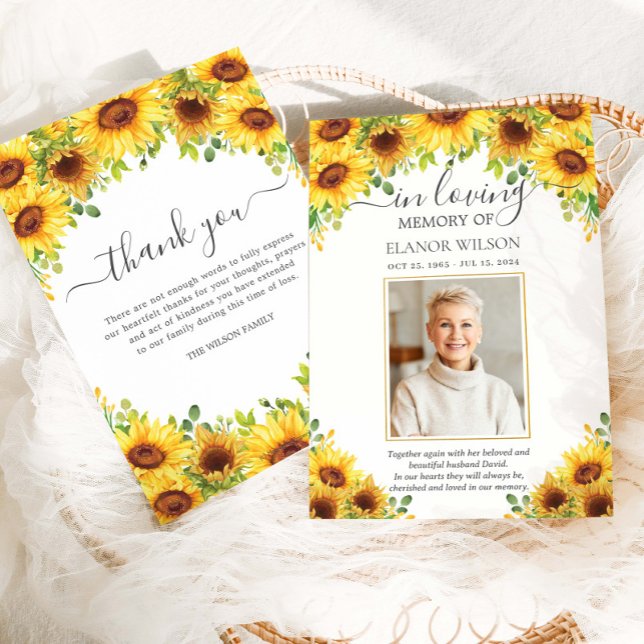 Sunflower Floral Flowers Photo Funeral Memorial Thank You Card (Creator Uploaded)