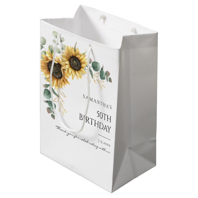Sunflower Floral Foliage 50th Birthday Party Medium Gift Bag (Front Angled)