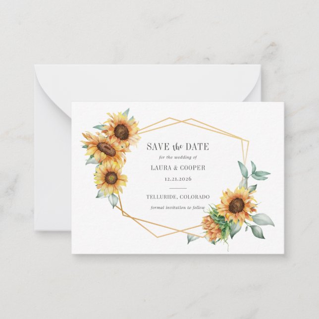 Sunflower Floral Gold Effect Geometric Frame Save  Card (Front)