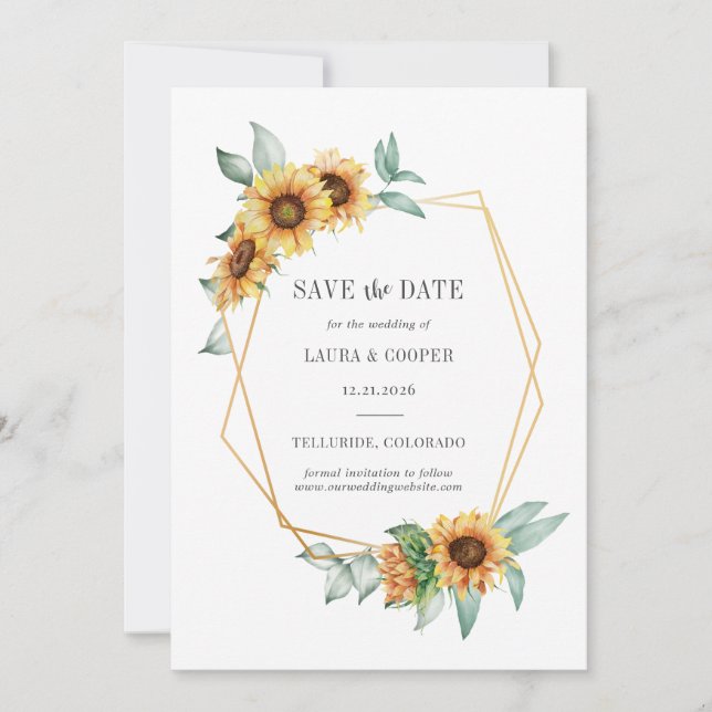 Sunflower Floral Gold Effect Geometric Rustic Save The Date (Front)