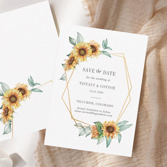 Sunflower Floral Gold Geometric Save The Date Card (Sunflower Floral Gold Geometric Save The Date Note Card)