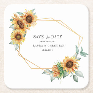 Sunflower Floral Gold Geometric Save the Date Square Paper Coaster