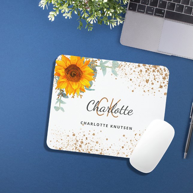 Sunflower floral gold glitter monogram name mouse mat (Creator Uploaded)